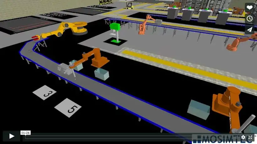 Robotic manufacturing simulation in a engine manufacturing environment.