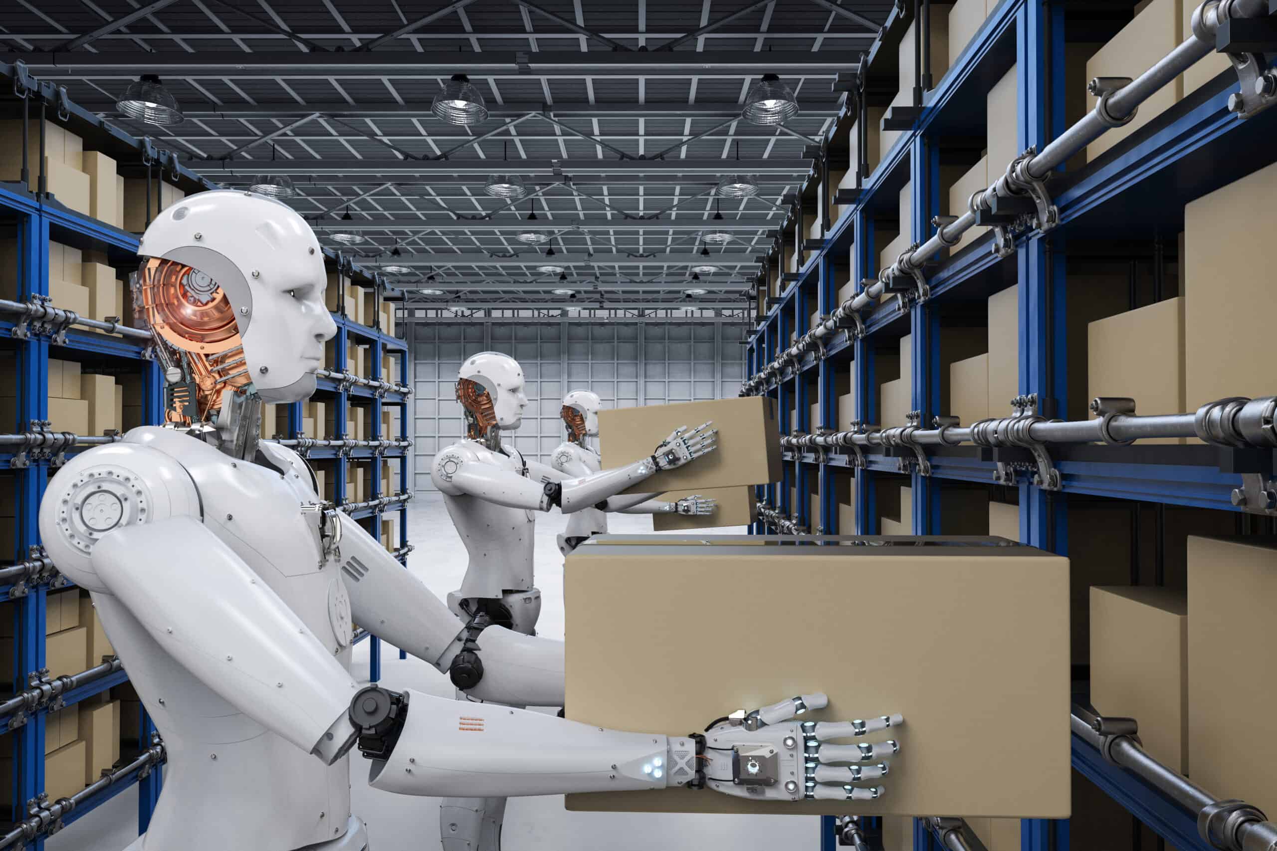 A concept image of humanoid robots working alongside human employees in a modern warehouse or factory setting.