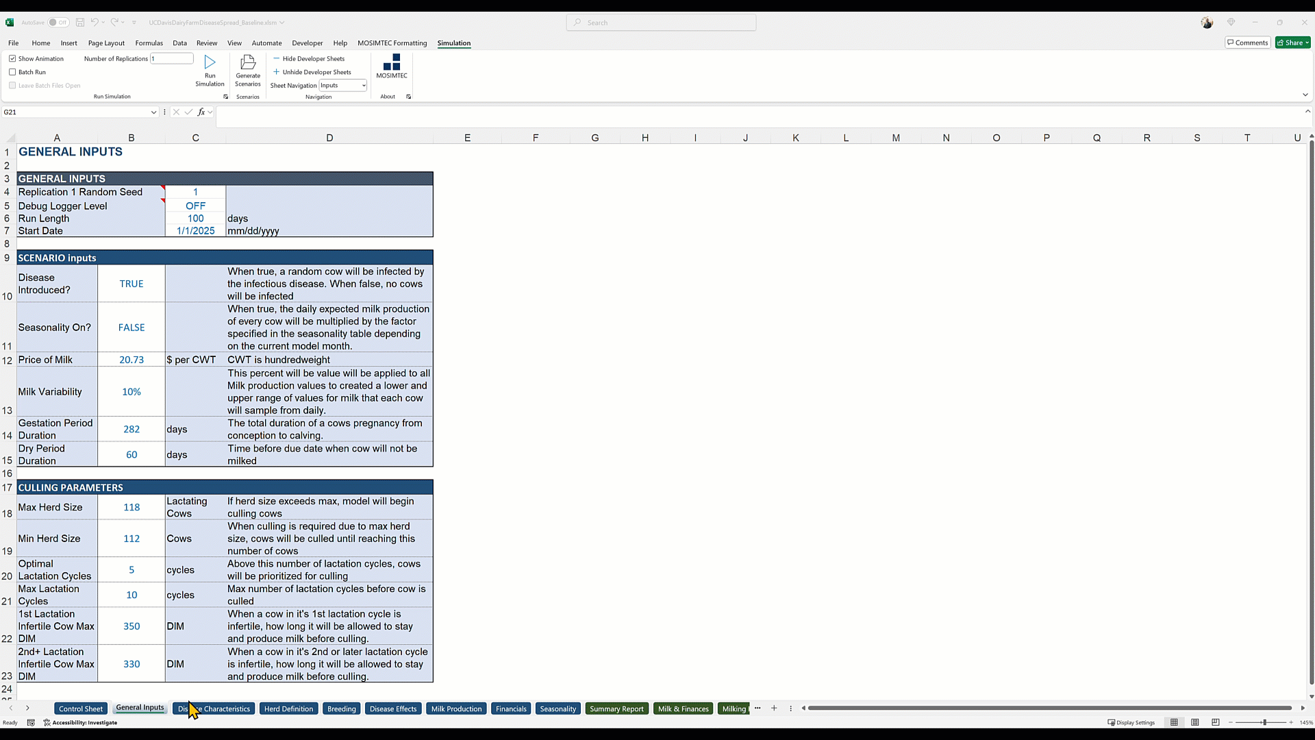 Simulation of Avian Flu at a Dairy Farm. Data driven simulation with Excel front-end. 